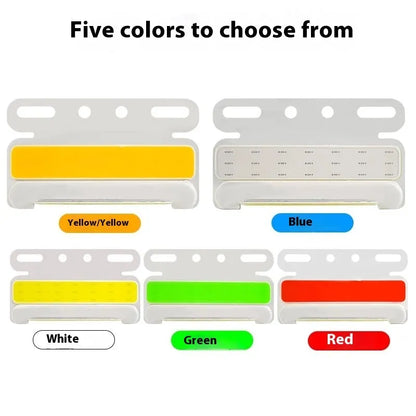 COB LED truck side light in aluminium alloy housing, showing red, yellow, green, blue, or white options for 12V and 24V vehicles