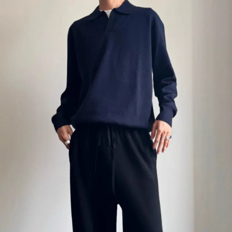 Old Money Style pure wool polo sweater with lapel collar and long sleeves in milky white or navy blue, loose fit