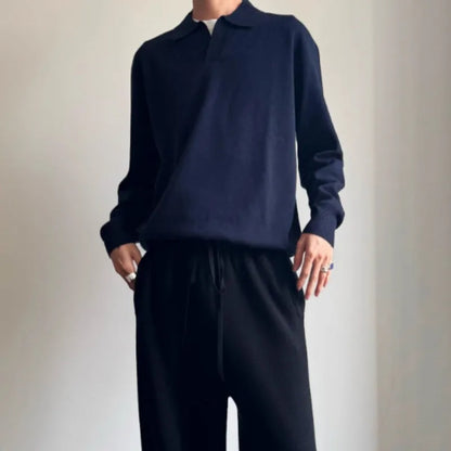 Old Money Style pure wool polo sweater with lapel collar and long sleeves in milky white or navy blue, loose fit