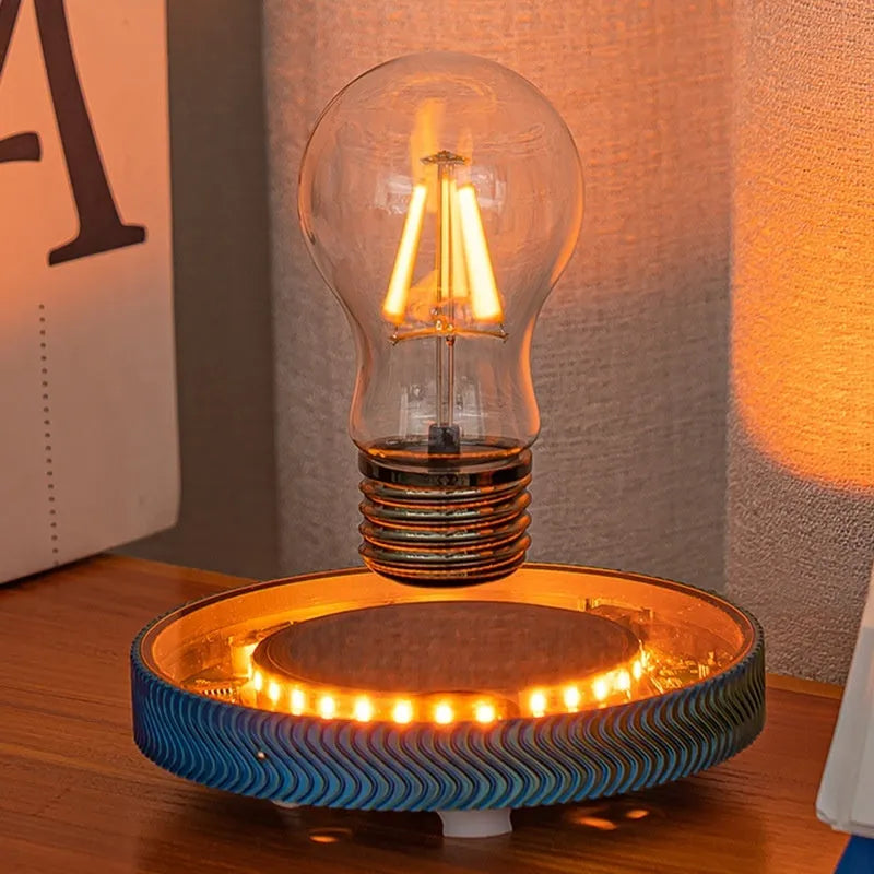 Magnetic suspension moon lamp floating above base with 3D-printed celestial design and soft LED illumination