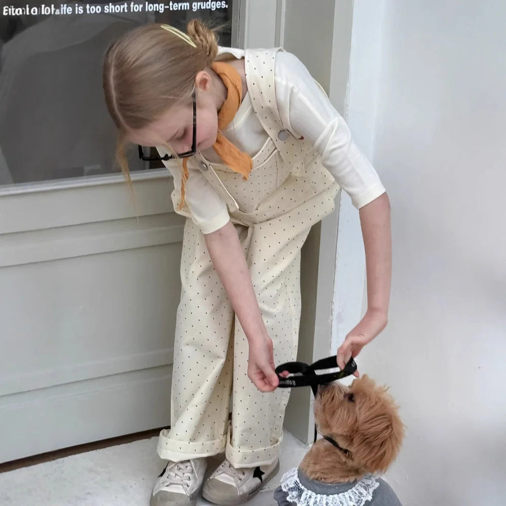 Girls' milky white polka dot overalls with Western styling and high-waist trousers