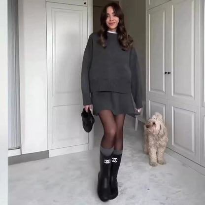 Stylish two-piece knit sweater and mini skirt set for women in a variety of classic colors