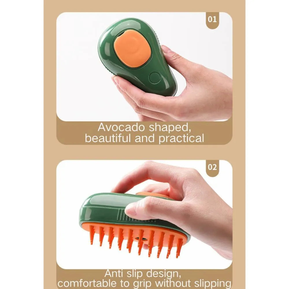 Green or white Cat Steam Brush 3-in-1 with water spray, silicone teeth, measuring 11x7.5x5.5cm