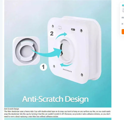 Small white DownyPaws cat odour purifier cube, 9.2cm wide, sitting near a litter box.