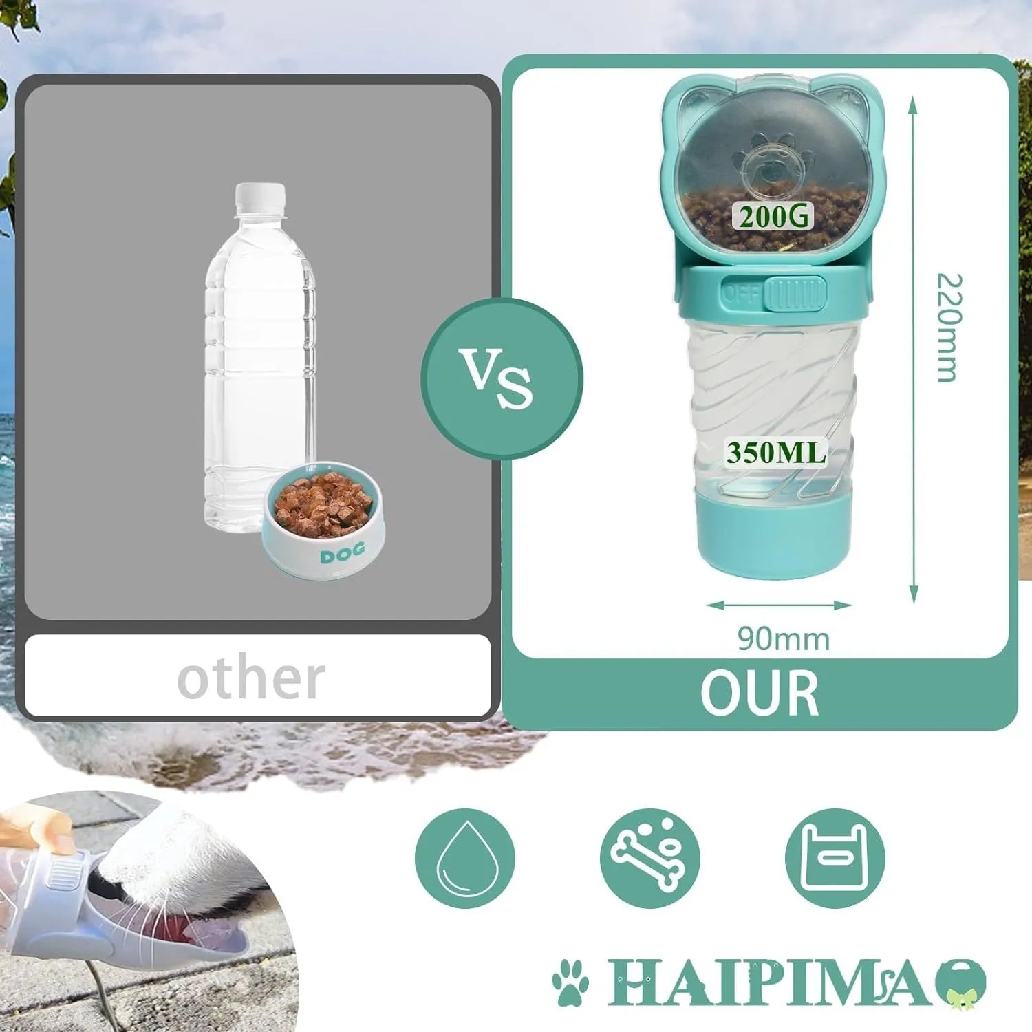 Green 3-in-1 pet water bottle showing water dispenser, food container, and waste bag compartment
