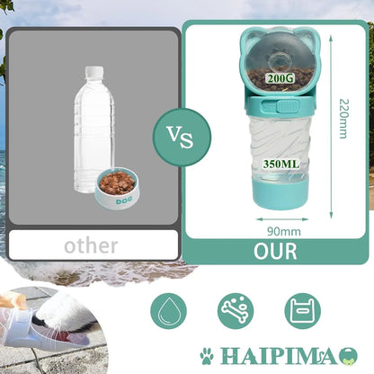 Green 3-in-1 pet water bottle showing water dispenser, food container, and waste bag compartment