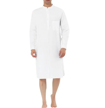 Men's cotton shirt robe in a light blue colour with a front chest pocket and button front.