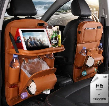 Multifunctional car seat back organizer with trash can, made of premium PU leather and featuring multiple storage compartments