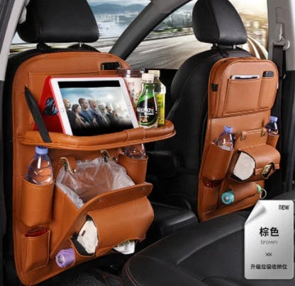 Multifunctional car seat back organizer with trash can, made of premium PU leather and featuring multiple storage compartments