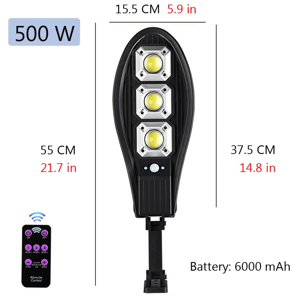 Solar street LED light with 55cm housing, white illumination, and remote control for outdoor garden security
