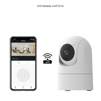 Indoor pan/tilt security camera with 1080p resolution and two-way voice feature, measuring 80x80x115mm