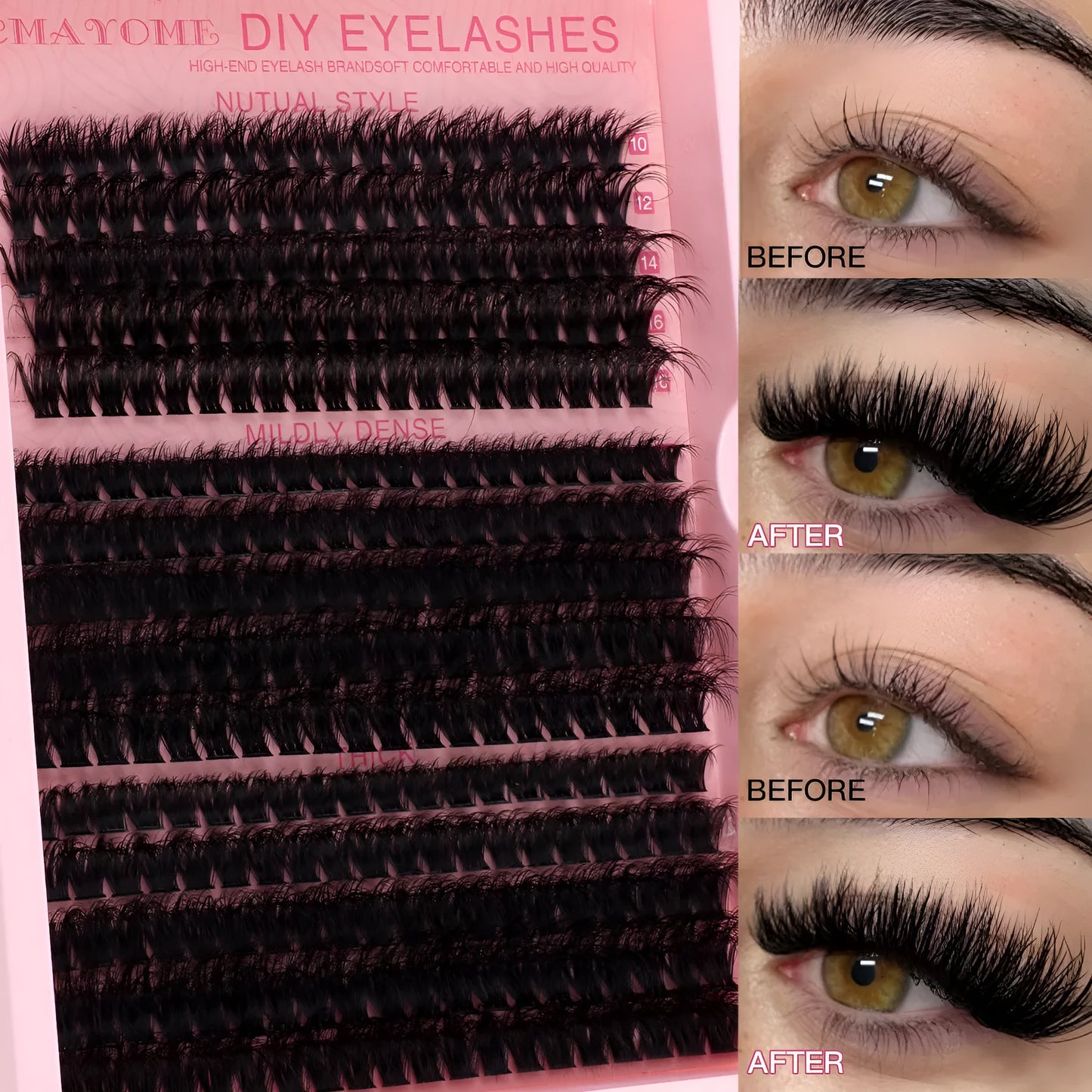 DIY false eyelash extension kit showing single clusters, tweezers, and DIYSET402/403 options on a pink background.