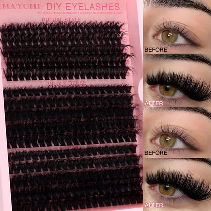 DIY false eyelash extension kit showing single clusters, tweezers, and DIYSET402/403 options on a pink background.