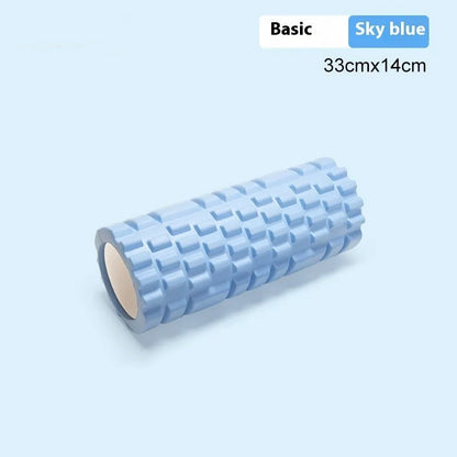 EVA foam roller in black, grey, pink, sky blue, or light purple, showing cylindrical shape for fitness recovery