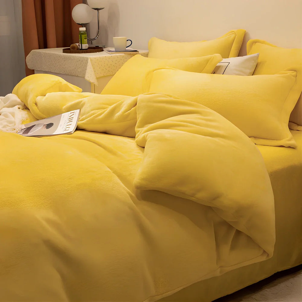 Double-sided fleece duvet cover showing goose yellow and light grey reversible sides