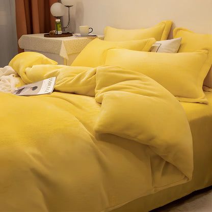 Double-sided fleece duvet cover showing goose yellow and light grey reversible sides