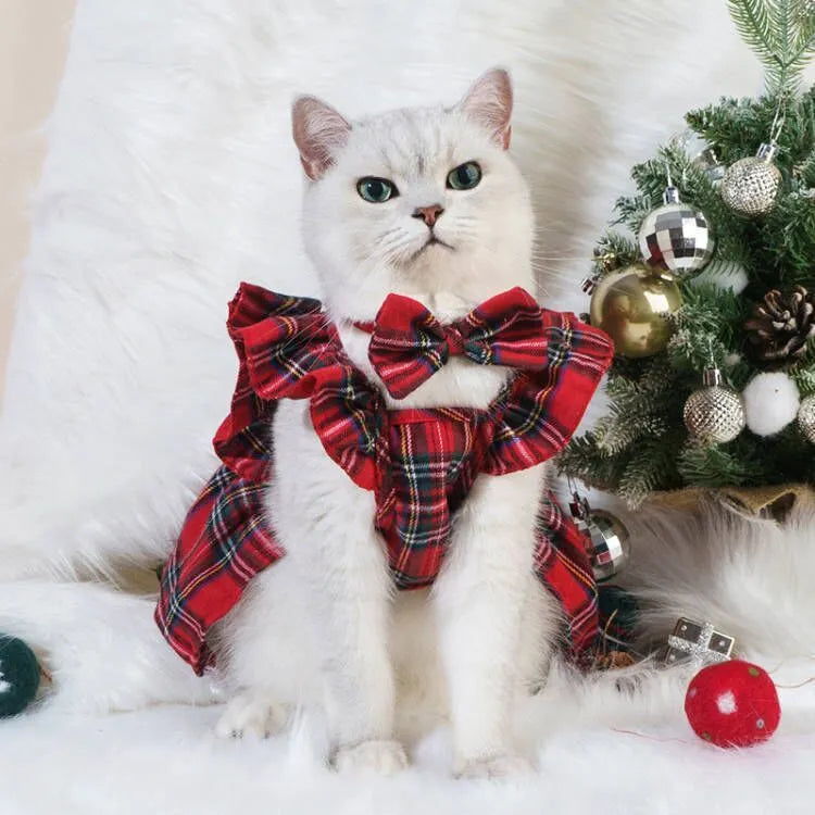 Red Christmas tartan pet skirt with head flower accessory for cats and dogs