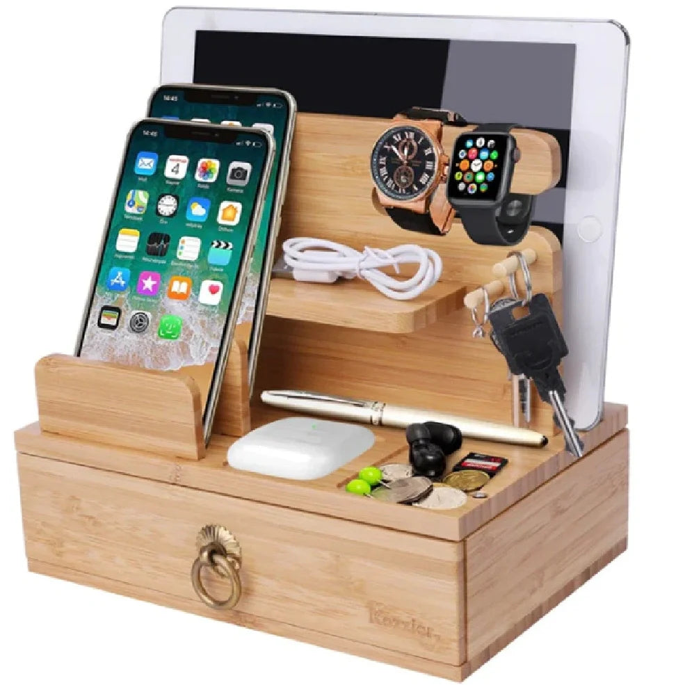 Tung wood desktop phone stand with bracket base measuring 25cm by 15cm