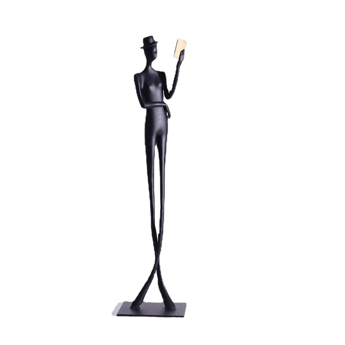 Black cast aluminium desktop sculpture of reading woman measuring 12x12x51cm with modern simplicity design