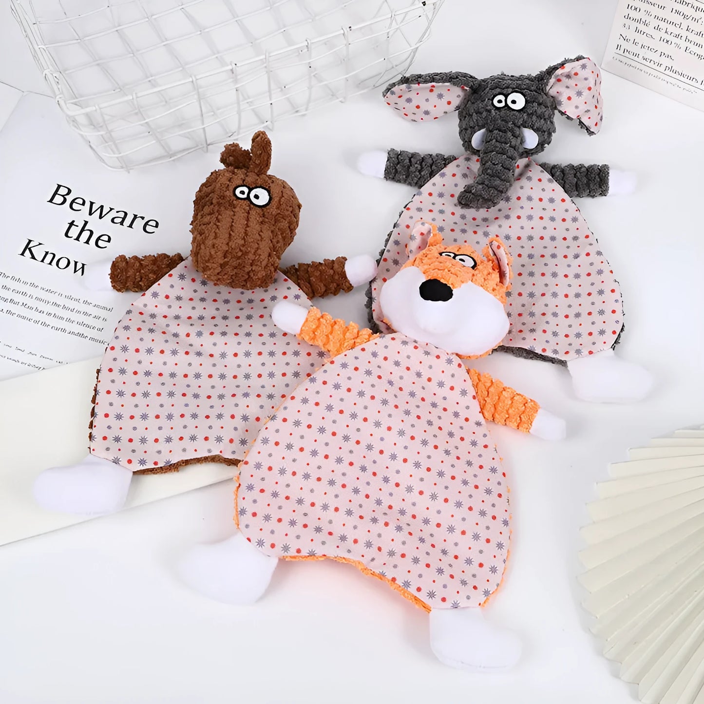Brown velvet fox stuffed toy with crinkle paper sounds for pets