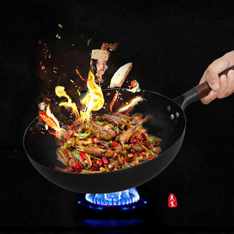 Traditional handmade iron wok pan with wooden handle, 40 cm diameter cooking surface