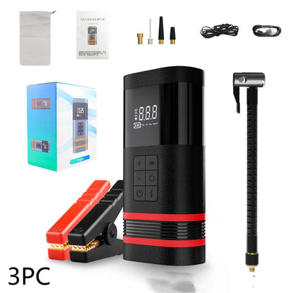 Black wireless car jump starter power bank with emergency lighting and USB charging ports