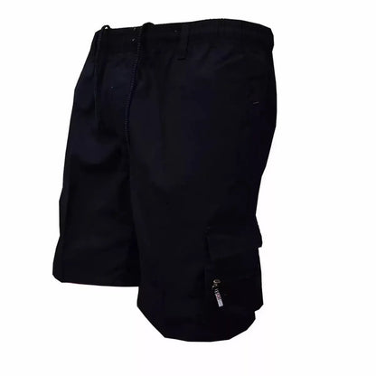 Man wearing loose-fit beige casual work pants with an elastic waistband.