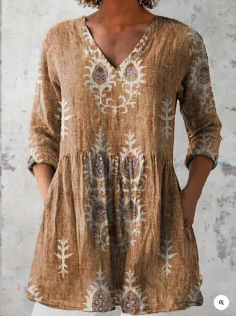 Women's printed wave loose dress with wide waist design and 3/4 sleeves in one of seven style options
