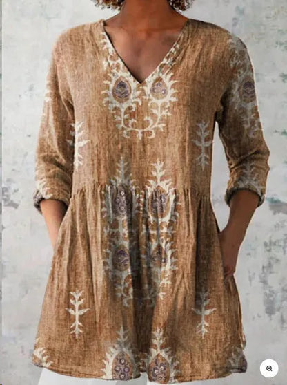 Women's printed wave loose dress with wide waist design and 3/4 sleeves in one of seven style options