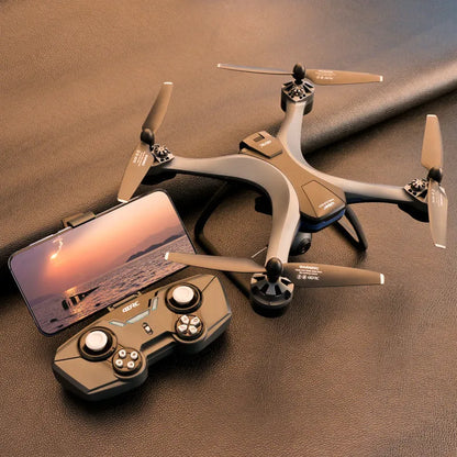 Black plastic quadrocopter drone with four rotors, remote control handle, and dual cameras