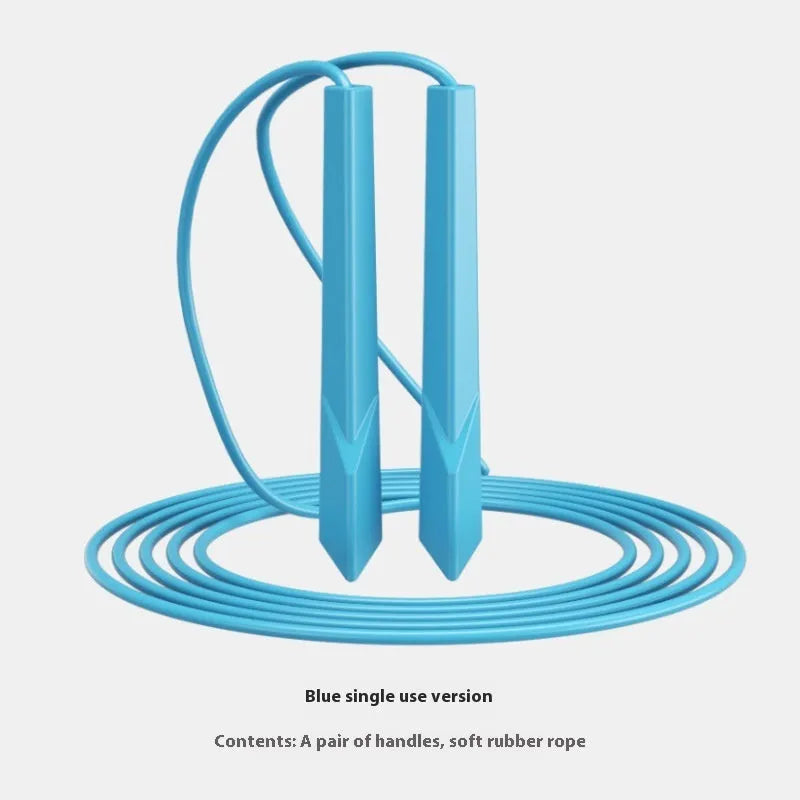 Blue PVC skipping rope with plastic handles on a grey background.