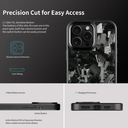 Carbon fibre mobile phone protective shell with forged pattern metal frame and magnetic attachment for iPhone 17