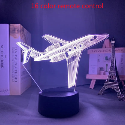 Custom 3D airplane hologram night light with optical acrylic panel and ABS base showing colour-changing illumination