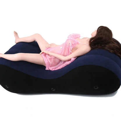 Blue inflatable PVC sofa cushion with flocking, 160cm long, shown inflated with optional electric pump