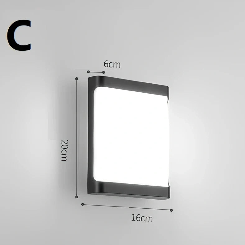 Waterproof outdoor wall light with PC lampshade measuring 200x160mm and LED illumination