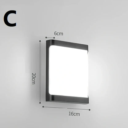 Waterproof outdoor wall light with PC lampshade measuring 200x160mm and LED illumination