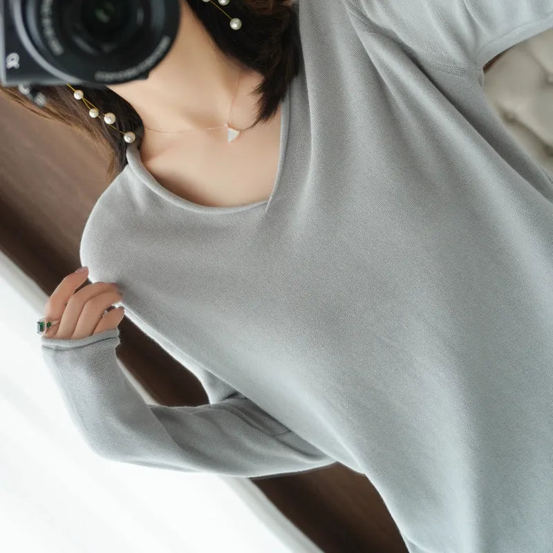 Women's V-neck long sleeve knitwear top in multiple colours with non-ironing fabric