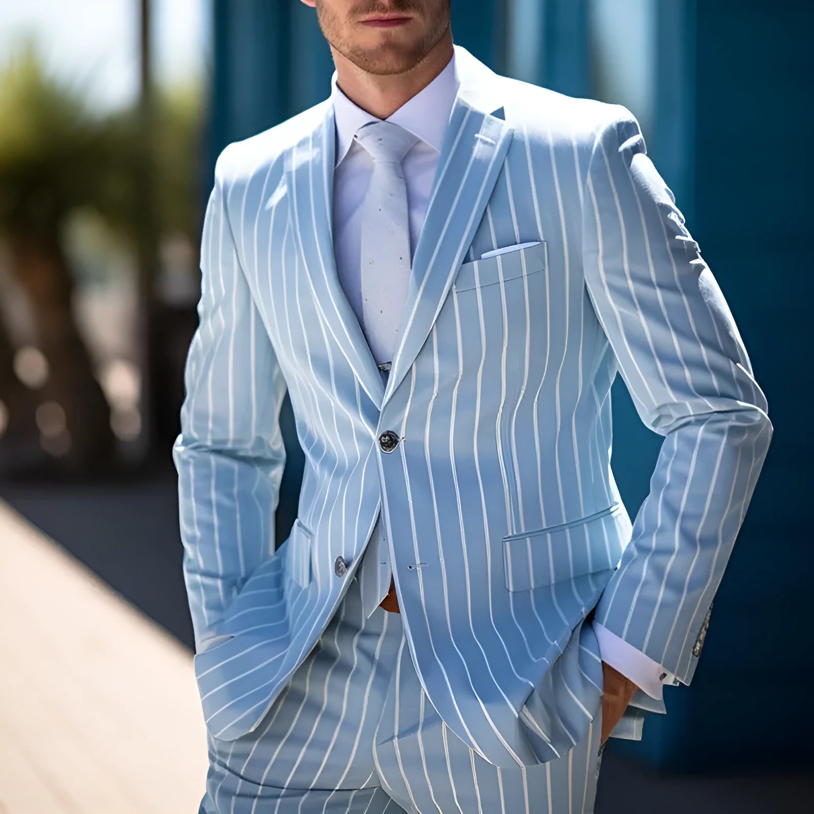 Men's British style suit jacket with blue and white buttons on polyester blend fabric