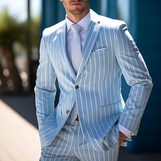 Men's British style suit jacket with blue and white buttons on polyester blend fabric