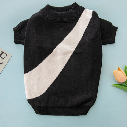 Casual wool knitted dog jumper shown in various colours including black, pink, and blue, sized for small to large breeds.