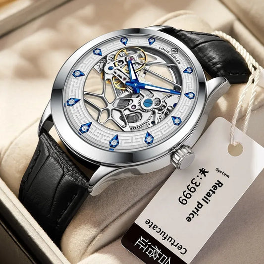 Men's silver case mechanical watch with white dial, blue hands, and black genuine leather strap