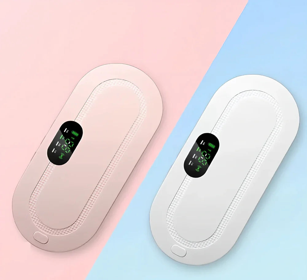 White electric heating belt with lumbar support showing USB connection and control buttons