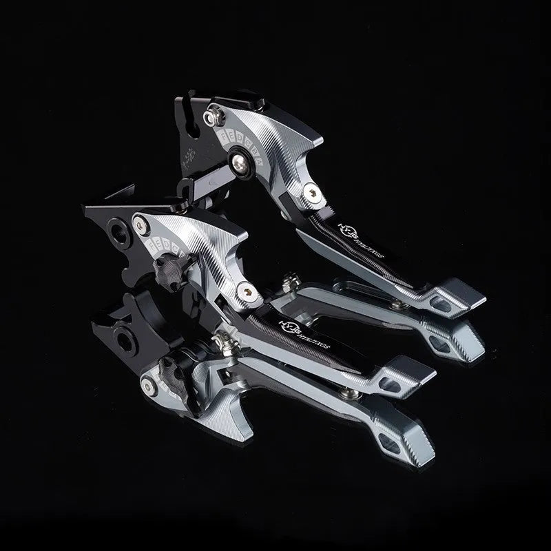 Motorcycle horn handle brake and clutch lever set in anodised metal with adjustable mechanism