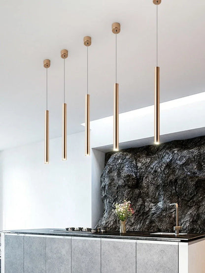 French gold cylindrical chandelier in iron with PMMA shade, single LED for 1-3㎡, lengths 20-100cm