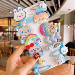 14-piece toddler hair accessories set showing colourful candy rainbow barrettes, fruit clips, and butterfly hair pins
