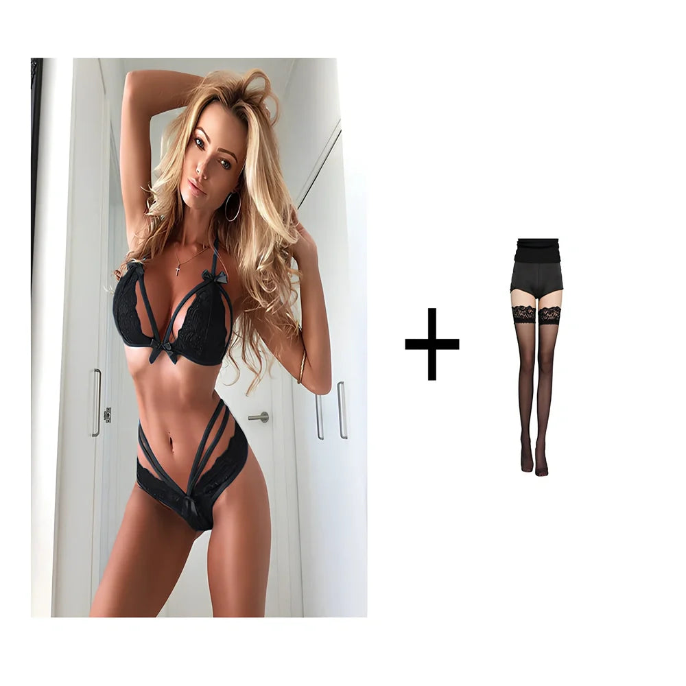 Black bowknot lace sexy lingerie set in nylon, sizes S-3XL with matching bra and panty, 120-180g