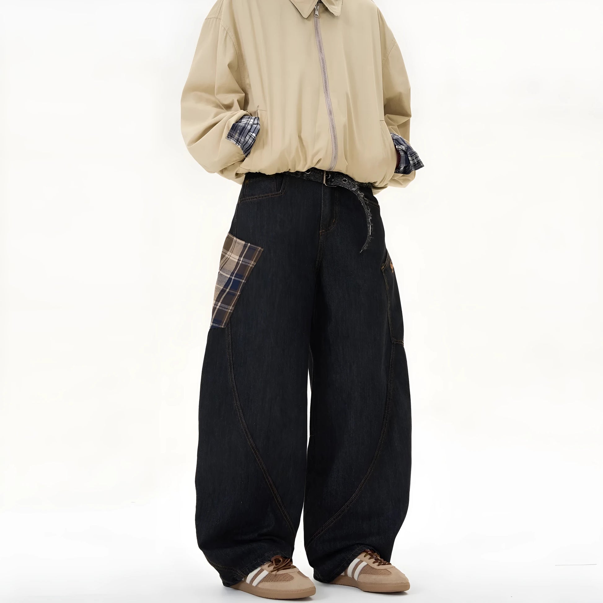 Loose straight-leg trousers in coffee plaid pattern with mid waist design