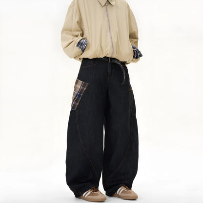 Loose straight-leg trousers in coffee plaid pattern with mid waist design