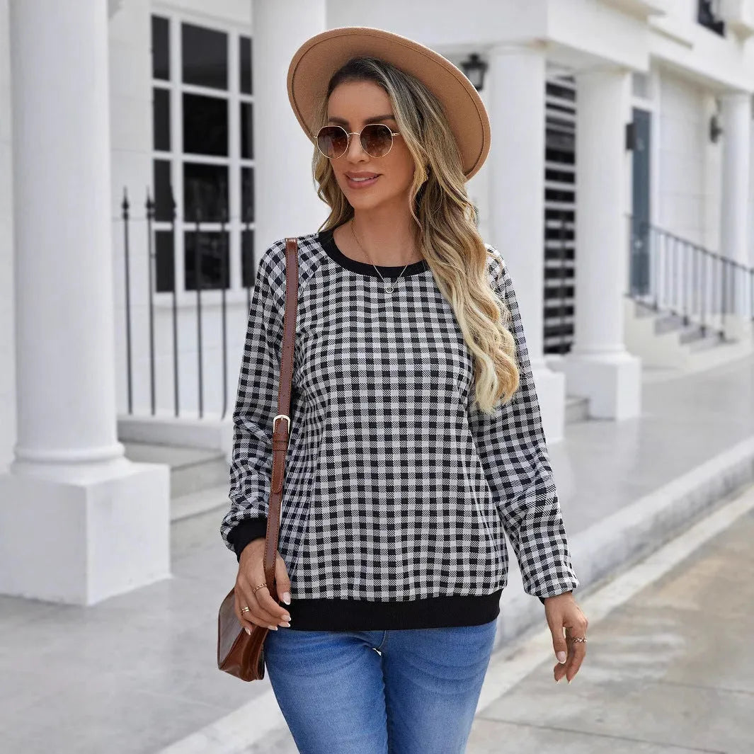 Black plaid long sleeve pullover sweater with printing, sizes S to XXL