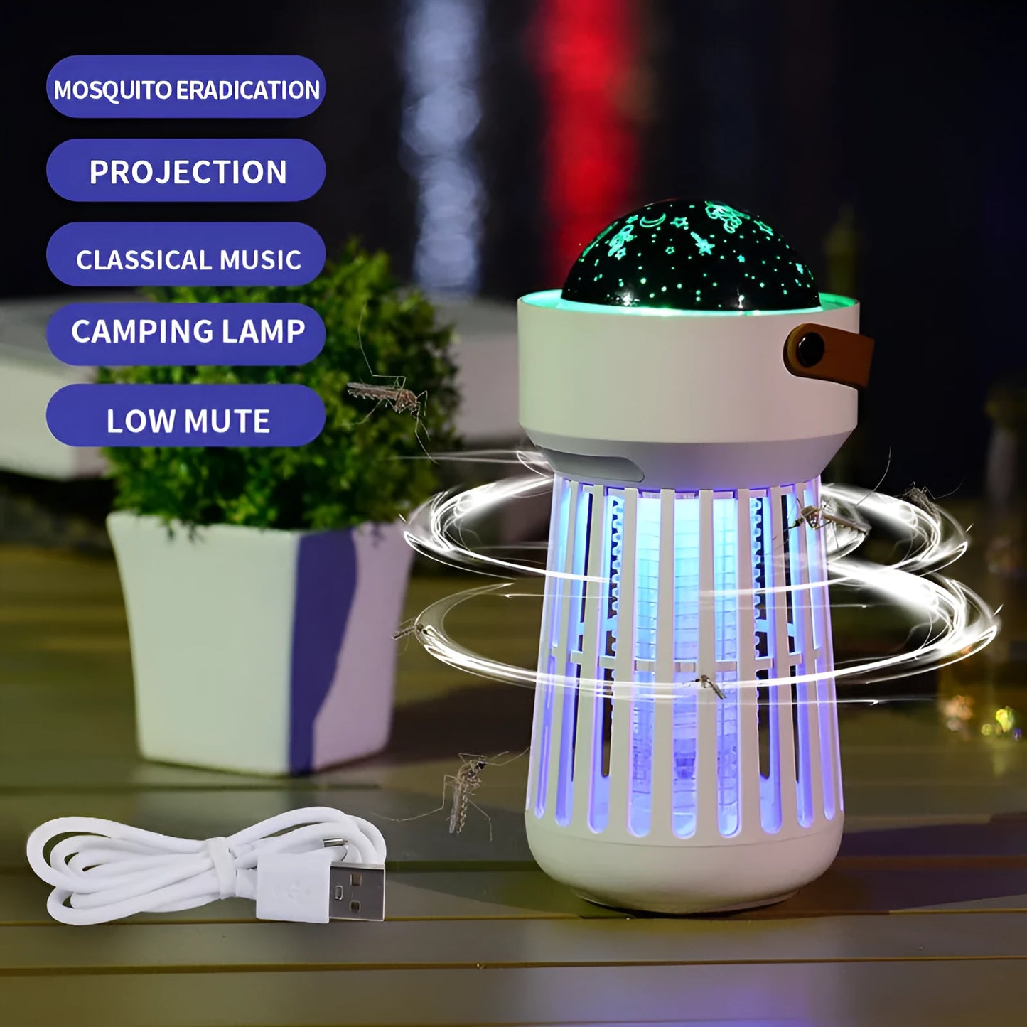 White electric mosquito killer lamp with star projection feature and a folding handle.
